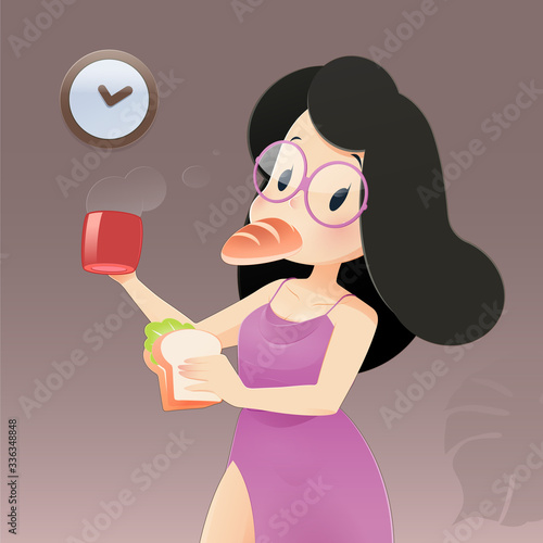 Illustration woman in blue nightwear and lace robe eating at night. Night hunger, Drinking coffee, flat character illustration design.