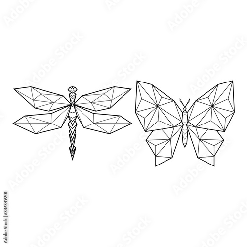 Set of two polygonal abstract dragonfly and butterfly. Vector illustration