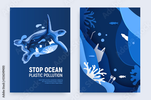 Ocean plastic pollution banner set with turtle silhouette. Paper cut tortoise with plastic rubbish, fish, bubbles and coral reefs on blue background. Paper art vector illustration