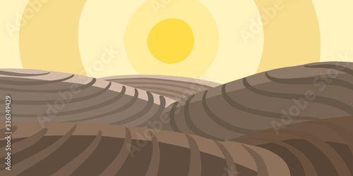 Agricultural field landscape. Plowed earth. Brown dirt. Spring soil. Vector illustration.