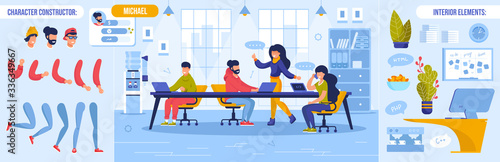 Business Meeting, Briefing and Teamwork. Coworker Character Constructor with Body Parts Bundle and Interior Design Element. Worker Sitting at Table Brainstorming Working Together on Creative Project