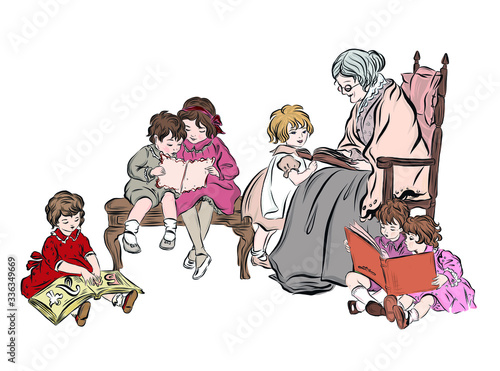 Grandmother reads books with grandchildren. Kindergarten children. Aged woman sits on a rocking chair. Intelligent family. Home education. Hand drawn brothers and sisters. 