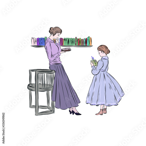 Mother reads book leaning on chair to her daughter who sitting on sofa and holding doll. Ladies in vintage style from the nineteenth century. 