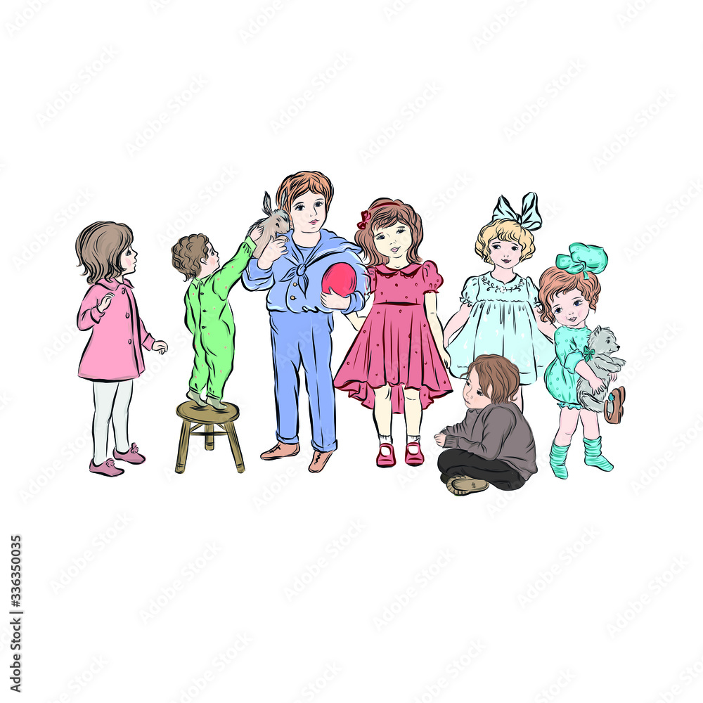 Happy children. Youngest of all child strokes rabbit sitting in the arms of boy dressed in sailor costume and holding an Easter egg. Group of girls and boys standing together. Happy children. Youngest of all child strokes rabbit sitting in the arms of boy dressed in sailor costume and holding an Easter egg. Group of girls and boys standing together.