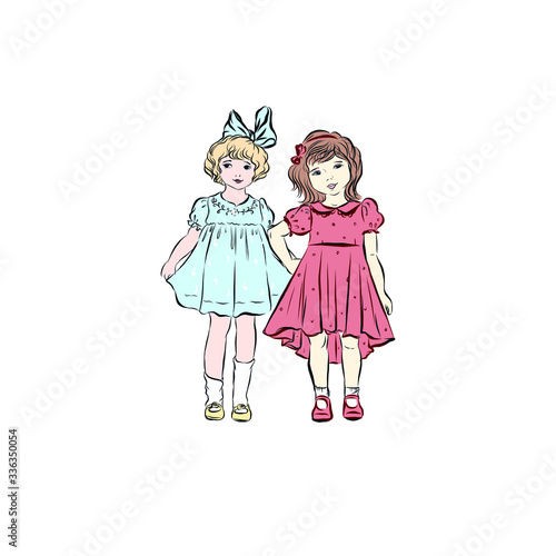 Beautiful little girls on white background. Positive friends standing together. Happy children. Youth lifestyle. Healthy baby. Fun childhood moment. 