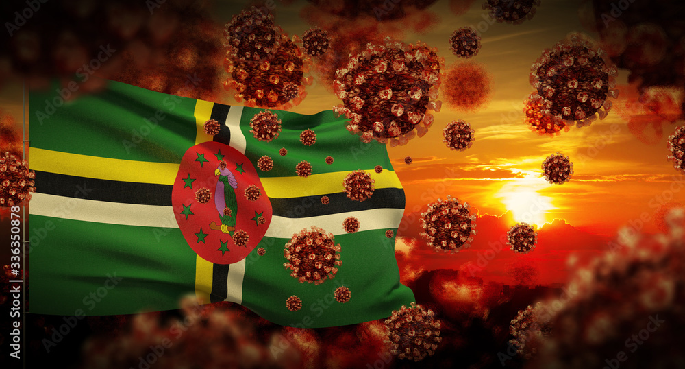 COVID-19 Coronavirus 2019-nCov virus outbreak lockdown concept concept with flag of Dominica. 3D illustration.