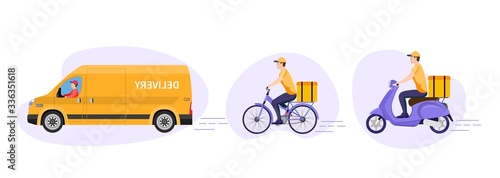 Online delivery service concept, online order tracking, delivery home and office. Warehouse, truck, scooter and bicycle courier, delivery man. Vector illustration in flat style