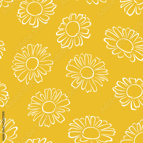 Daisy flower outline seamless pattern. Simple vector monochrome illustration of beautiful chamomile. Floral yellow background.