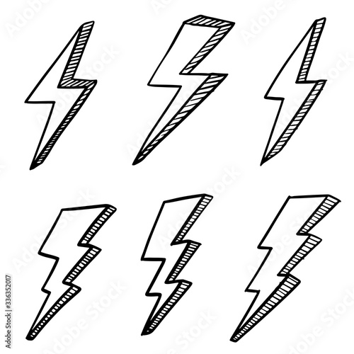 set of hand drawn vector doodle electric lightning bolt symbol sketch illustrations. thunder symbol doodle icon .design element isolated on white background .