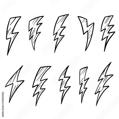 Fototapeta Naklejka Na Ścianę i Meble -  set of hand drawn vector doodle electric lightning bolt symbol sketch illustrations. thunder symbol doodle icon .design element isolated on white background .