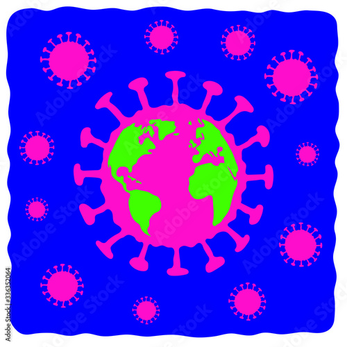 hand drawn illustration with symbols of a globe and coronavirus