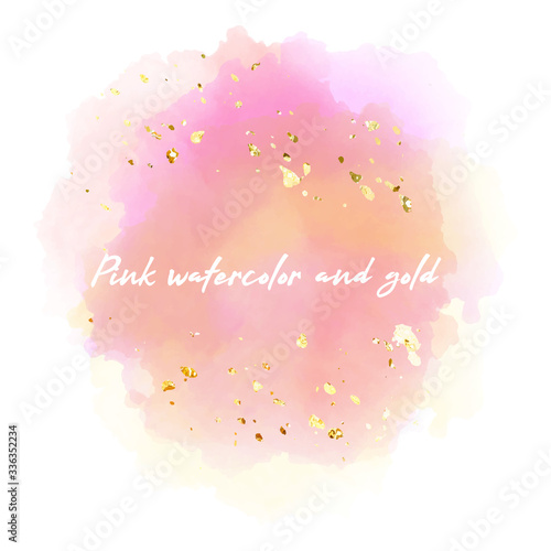 Abstract isolated colorful Pink-yellow vector watercolor stain design template on white background with golden drops, sparkles. Watercolor Paint vector texture. Design element For card, banner.