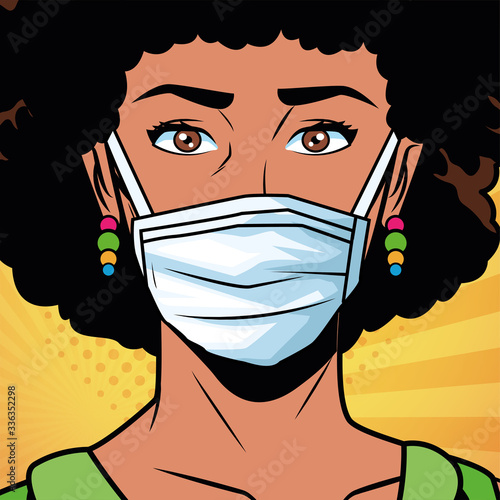 afro woman using face mask for covid19 pop art style