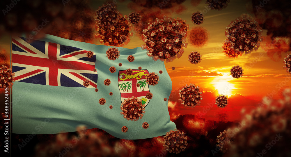 COVID-19 Coronavirus 2019-nCov virus outbreak lockdown concept concept with flag of Fiji. 3D illustration.