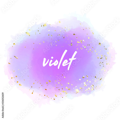 Purple watercolour stain in watercolor style on white background. Golden light decoration. Shiny magic star Abstract background isolated on white.