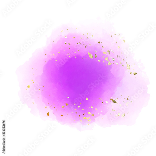 Purple watercolour stain in watercolor style on white background. Golden light decoration. Shiny magic star Abstract background isolated on white.