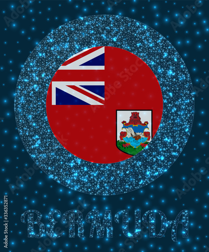Round Bermuda badge. Flag of Bermuda in glowing network mesh style. Country network logo. Beautiful vector illustration.