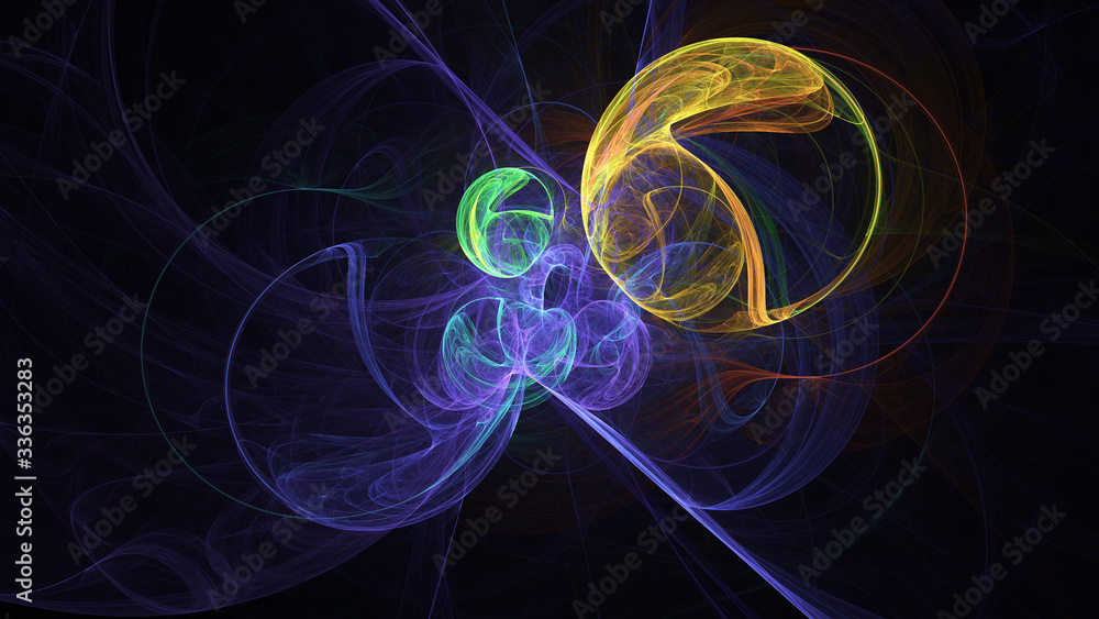 Abstract colorful blue and yellow glowing shapes. Fantasy light background. Digital fractal art. 3d rendering.