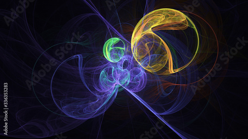 Abstract colorful blue and yellow glowing shapes. Fantasy light background. Digital fractal art. 3d rendering.