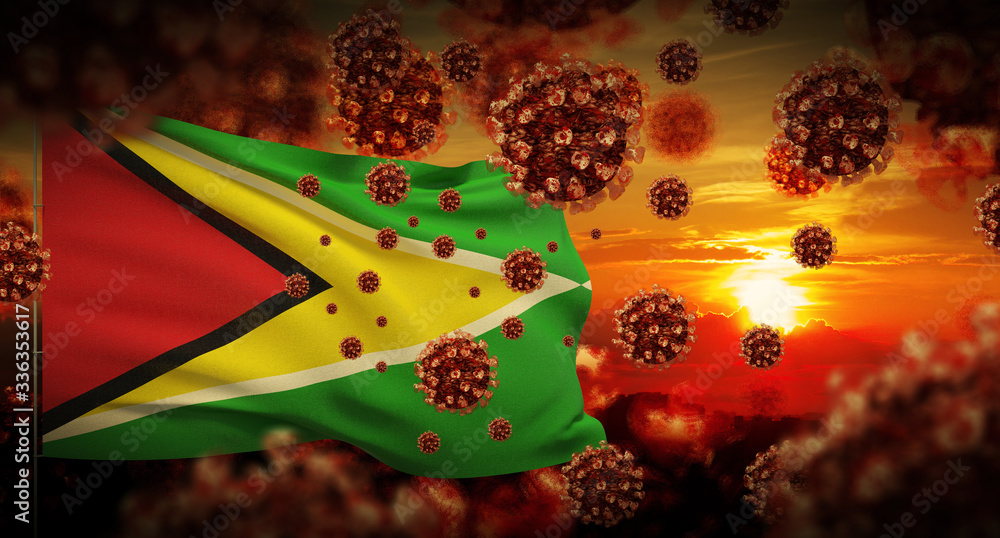 COVID-19 Coronavirus 2019-nCov virus outbreak lockdown concept concept with flag of Guyana. 3D illustration.