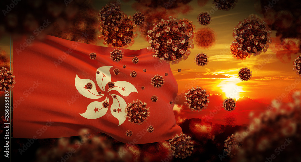 COVID-19 Coronavirus 2019-nCov virus outbreak lockdown concept concept with flag of Hong Kong. 3D illustration.