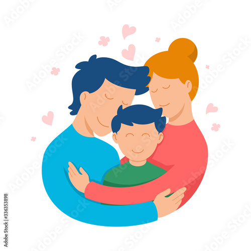 parents with kid, Cute loving family hugging, vector illustration. 