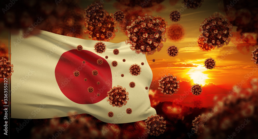 COVID-19 Coronavirus 2019-nCov virus outbreak lockdown concept concept with flag of Japan. 3D illustration.