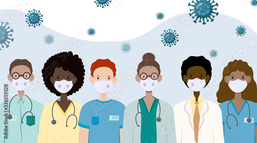 A crowd of medical workers (doctors, nurses) of different nationalities in medical masks surrounded by viruses