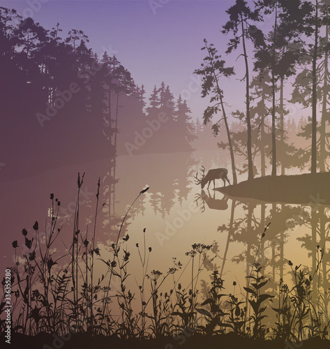Vector illustration with beautiful landscape. Forest lake and deer. Good detail, large printable artwork