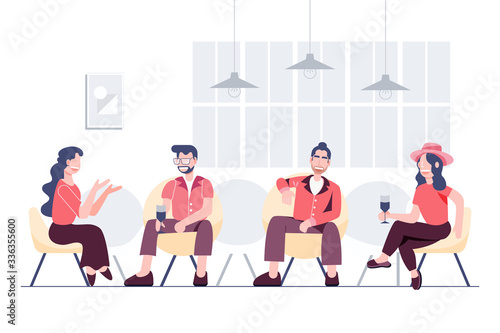 Group of people wearing masks gathering during coronavirus covid-19 outbreak. Social distancing concept. Health care and medical Flat character.