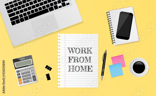 Laptop computer with office supplies on yellow color background, top view. Work from home concept