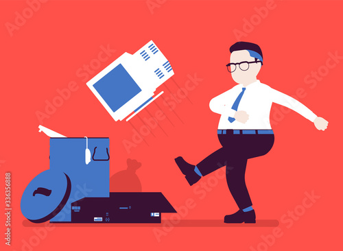 Getting rid of old personal computer. Office angry man kicking throwing away monitor into trash, broken device disposal, smashing used hardware for rubbish. Vector illustration, faceless character
