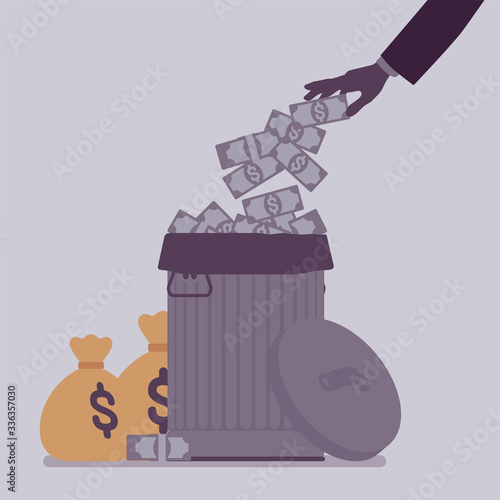 Unnecessary wastes of money, risky economy investment. Dollar cash thrown in dustbin, trash can budget, lost of profit, financial market error and ignorance. Vector flat style cartoon illustration