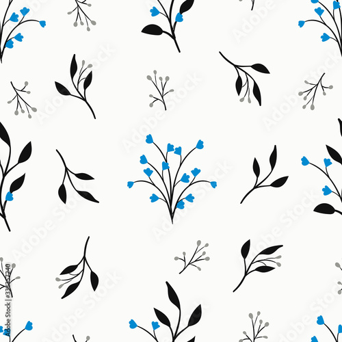 Vector seamless pattern with leaves and flowers on white background. Floral illustration for textile, print, wallpapers, wrapping.