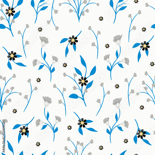 Vector seamless  pattern with  leaves and  flowers on white background.  Floral illustration for textile  print  wallpapers  wrapping.