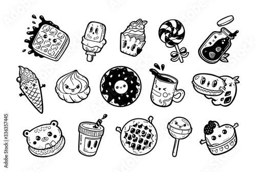 Set of kawaii cartoon style doodle sweety characters. Collection of emoticon face icons candy shop. Hand drawn black ink illustration isolated on white background. Vector