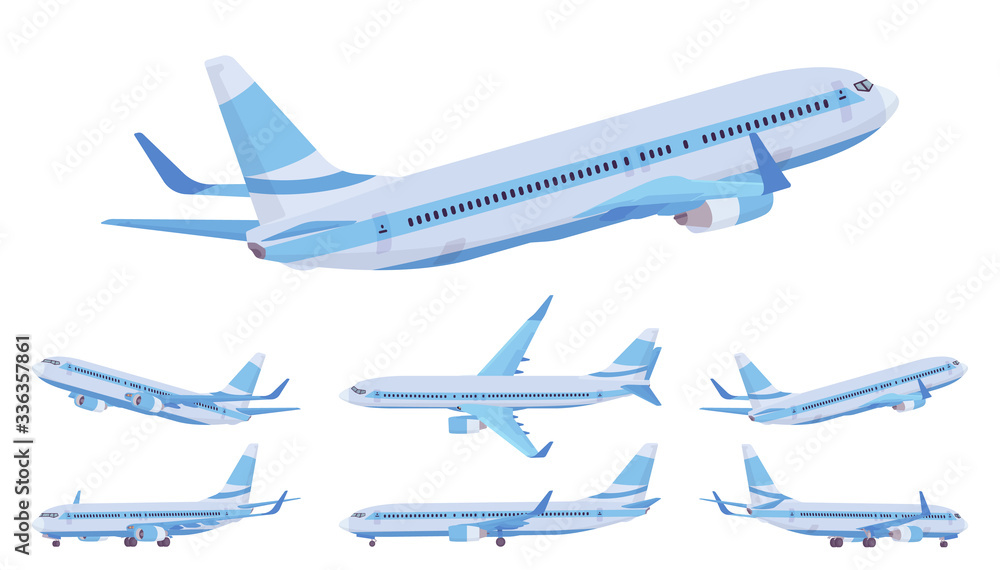 Passenger plane blue stripe set, airline aircraft for passengers. Airport business vehicle sky travel jet and holiday aviation tourism. Vector flat style cartoon illustration, different views