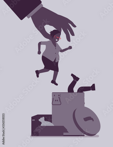 Female employee unfair dismissal, employment crisis losses. Jobless people, job market in massive economic disaster, increased global unemployment and recession. Vector flat style cartoon illustration