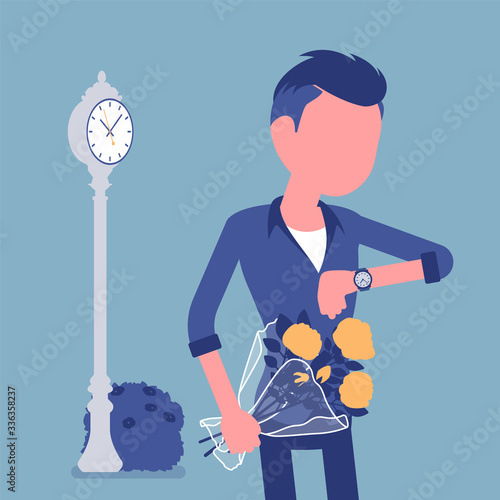 Young man waiting at the romantic date, checking time. Smart boyfriend with flower bouquet, unhappy lonely cheated male partner, anxiety on getting late friend. Vector illustration, faceless character