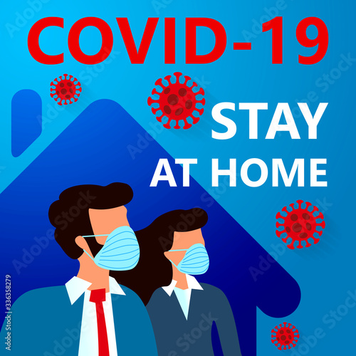 COVID-19 Novel coronavirus 2019-nCoV quarantine and stay at home on blue background. woman and man in suit with medical face mask. Corona Virus disease 2019 Pandemic Protection Concept