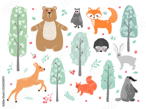 Cute animals: fox, badger, squirrel, owl, deer, doe, roe deer, hare, rabbit, hedgehog, bear and different elements. Illustration hand drawn