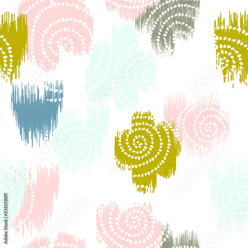 Abstract scandinavian Ikat seamless pattern. Hand drawn pastel doodle flowers, spirals on white background. Ethnic asian, uzbek, indian, aztec style. Fancy tribal texture for fabric print, wallpaper.