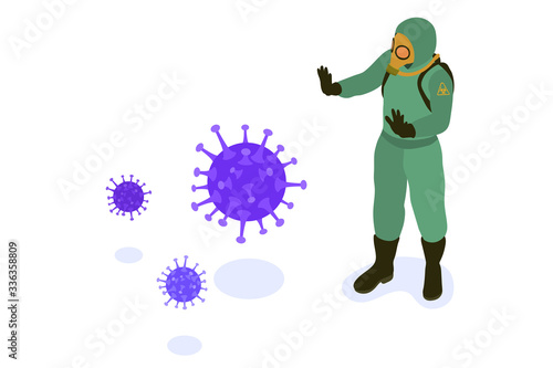 Doctor in protective coverall stop coronavirus