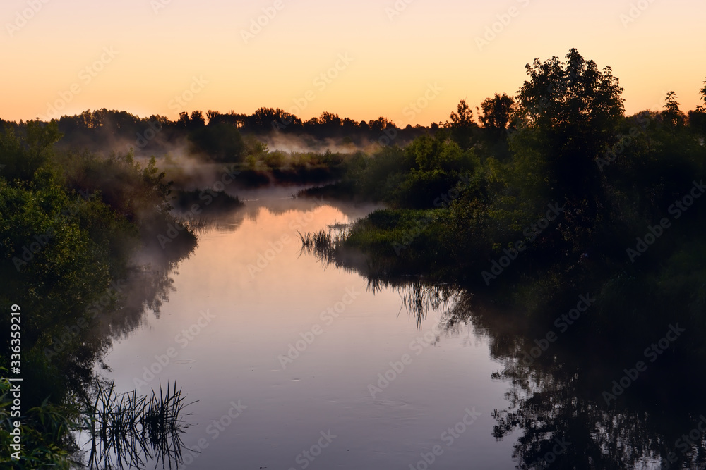River in the early morning at dawn. Delicate dawn sky and fog rising above the water, lush greenery on the banks. Summer spring wild landscape by the river. Selective soft focus.