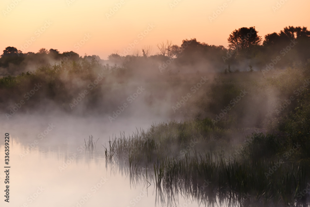 River in the early morning at dawn. Delicate dawn sky and fog rising above the water, lush greenery on the banks. Summer spring wild landscape by the river. Selective soft focus. River in the early morning at dawn. Delicate dawn sky and fog rising above the water, lush greenery on the banks. Summer spring wild landscape by the river. Selective soft focus.