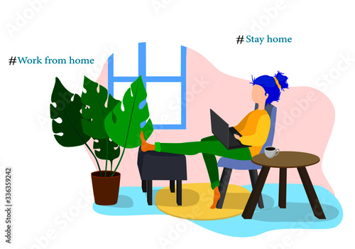 girl in chair working at home with laptop freelance room design flat vector illustration web