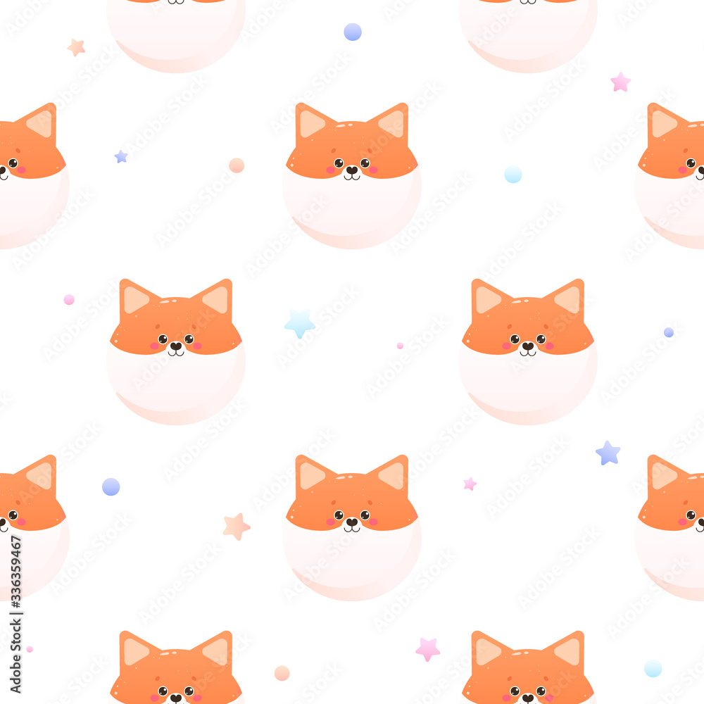Cute Kawaii Shiba, Fox. Animal seamless pattern. Vector
