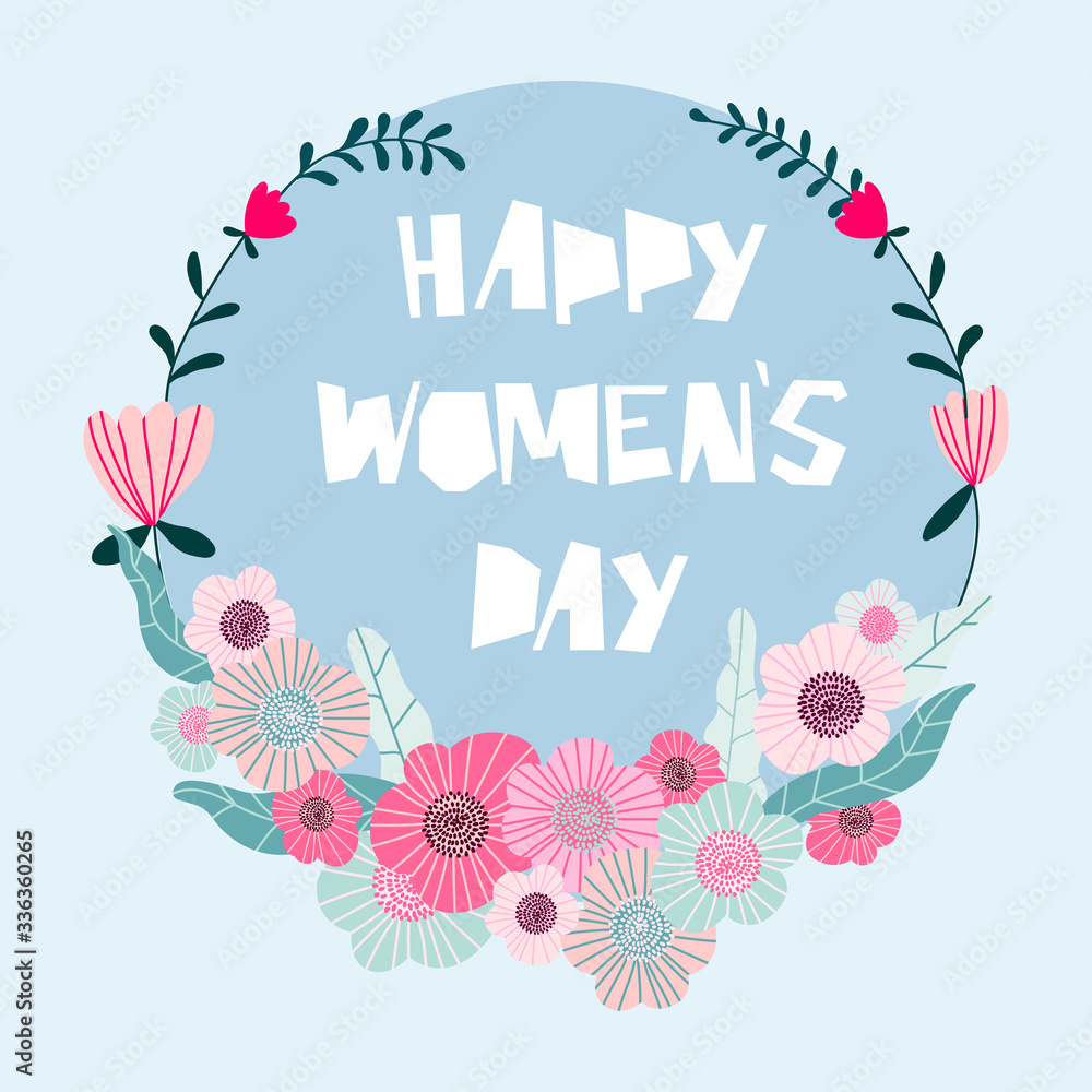 Women's day greeting card design. Light blue vector card with trendy greeting text and floral wreath. Modern illustration for 8 March.