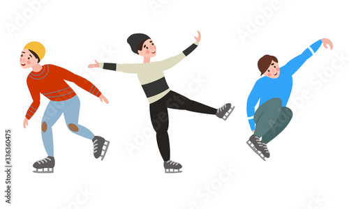 Set of different male characters figure skating in different action poses. Vector illustration in a flat cartoon style. © greenpicstudio