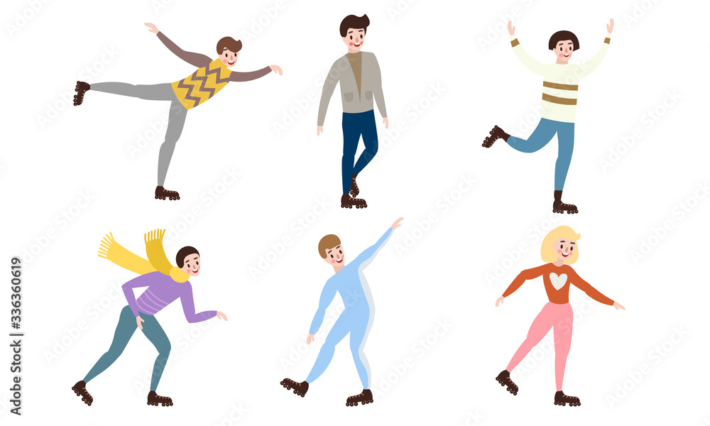 Set of different male and female characters rollerblading in different action poses. Vector illustration in a flat cartoon style.